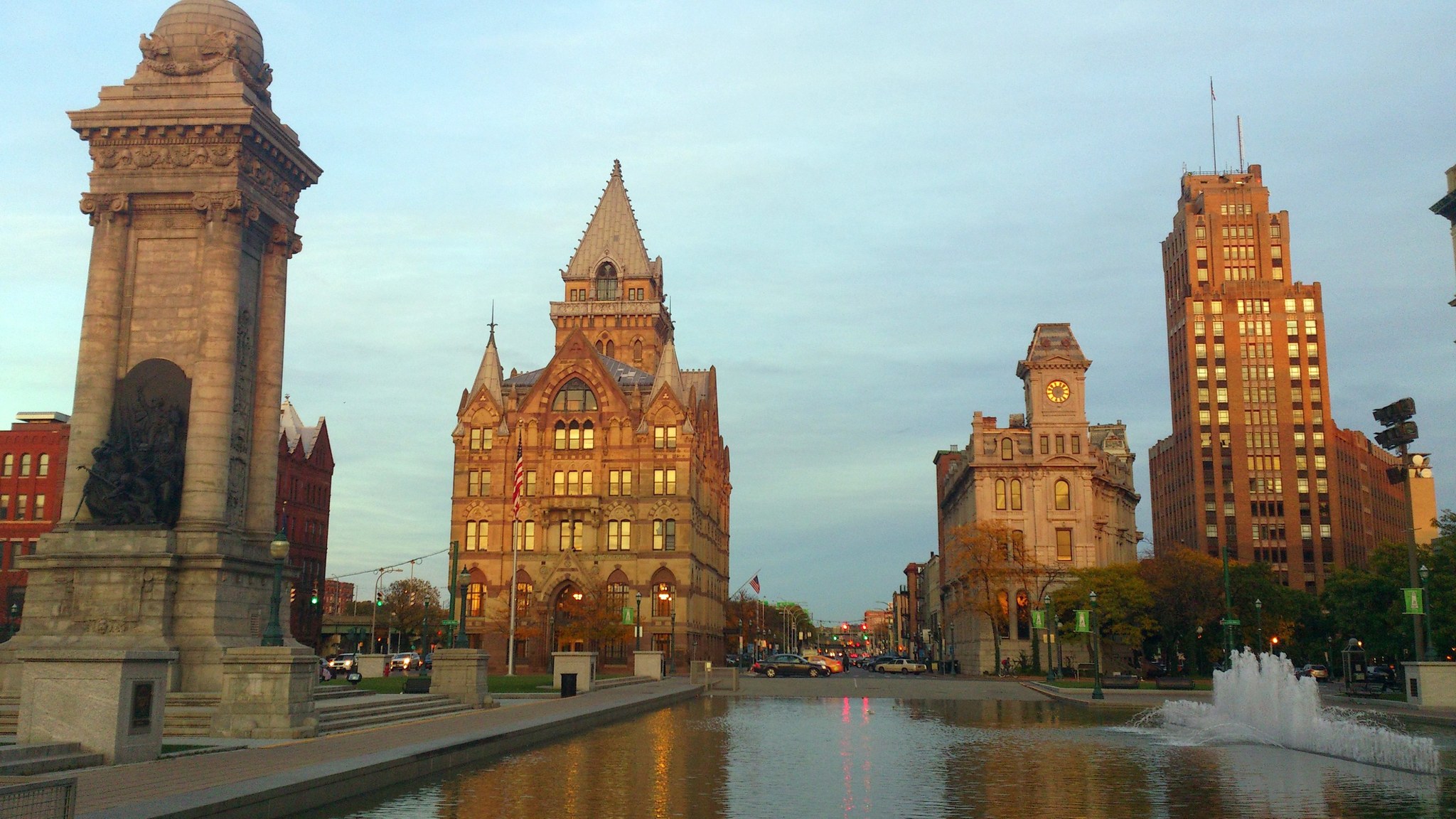 Clinton Square in downtown Syracuse, New York, in evening light.